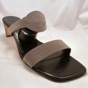 Silver Woven Mesh Slip On Heeled Sandal